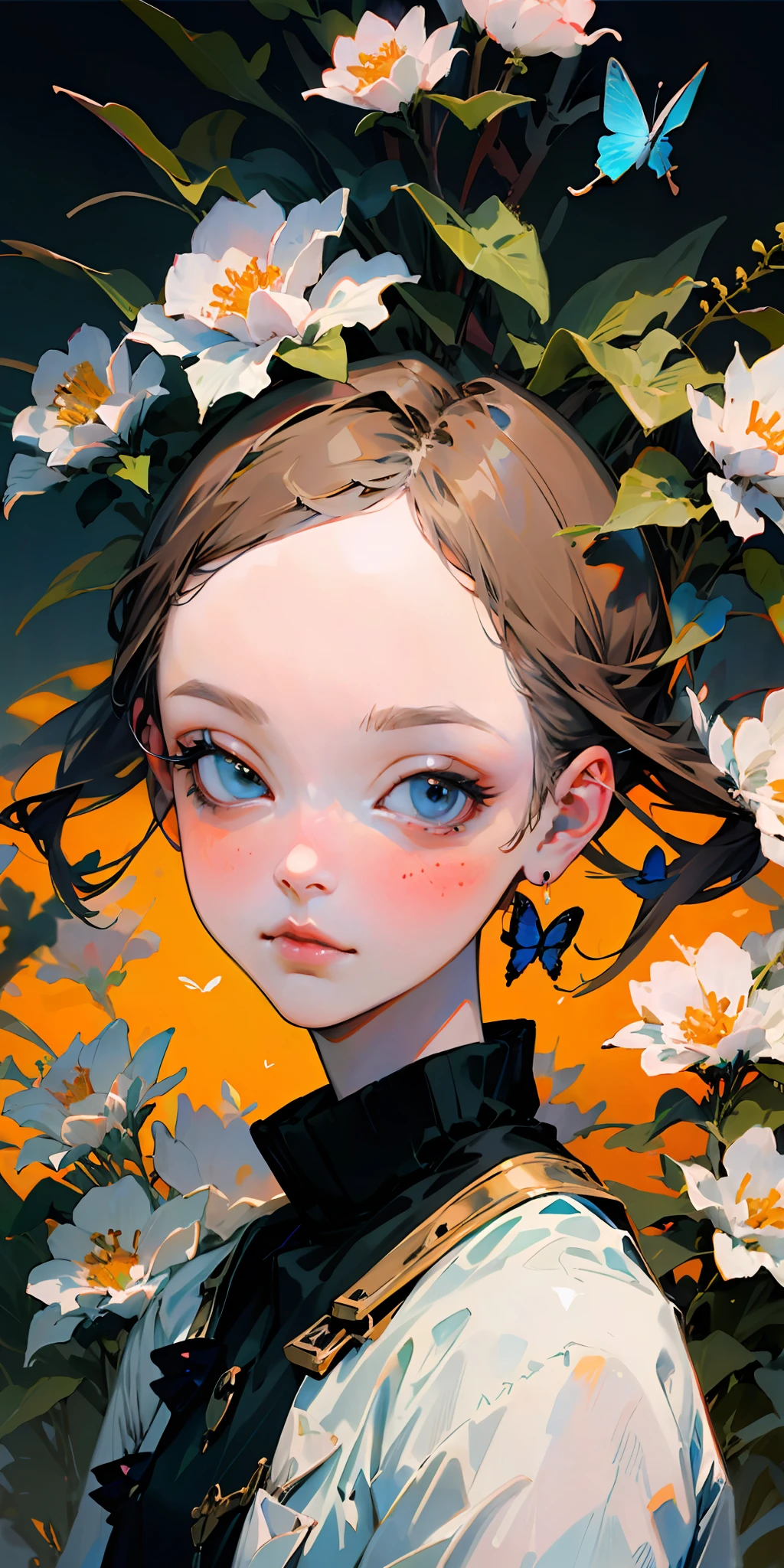 (mejor calidad, obra maestra, Ultrarrealista), retrato de 1 niña hermosa y delicada, con una expresión suave y pacífica, el paisaje de fondo es un jardín con arbustos en flor y mariposas volando alrededor.