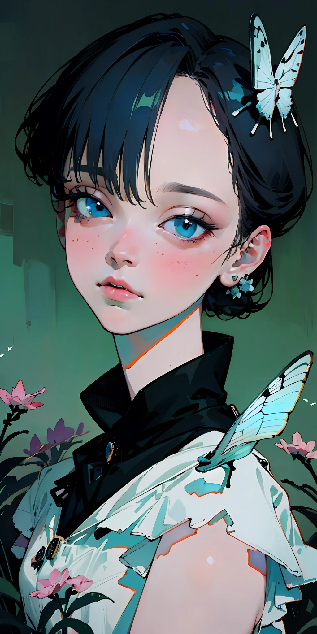 (top quality, masterpiece, super realistic), portrait of one beautiful and delicate girl with a soft and sad expression, the landscape in the background is a garden with flowering bushes and butterflies flying around in blue tones.