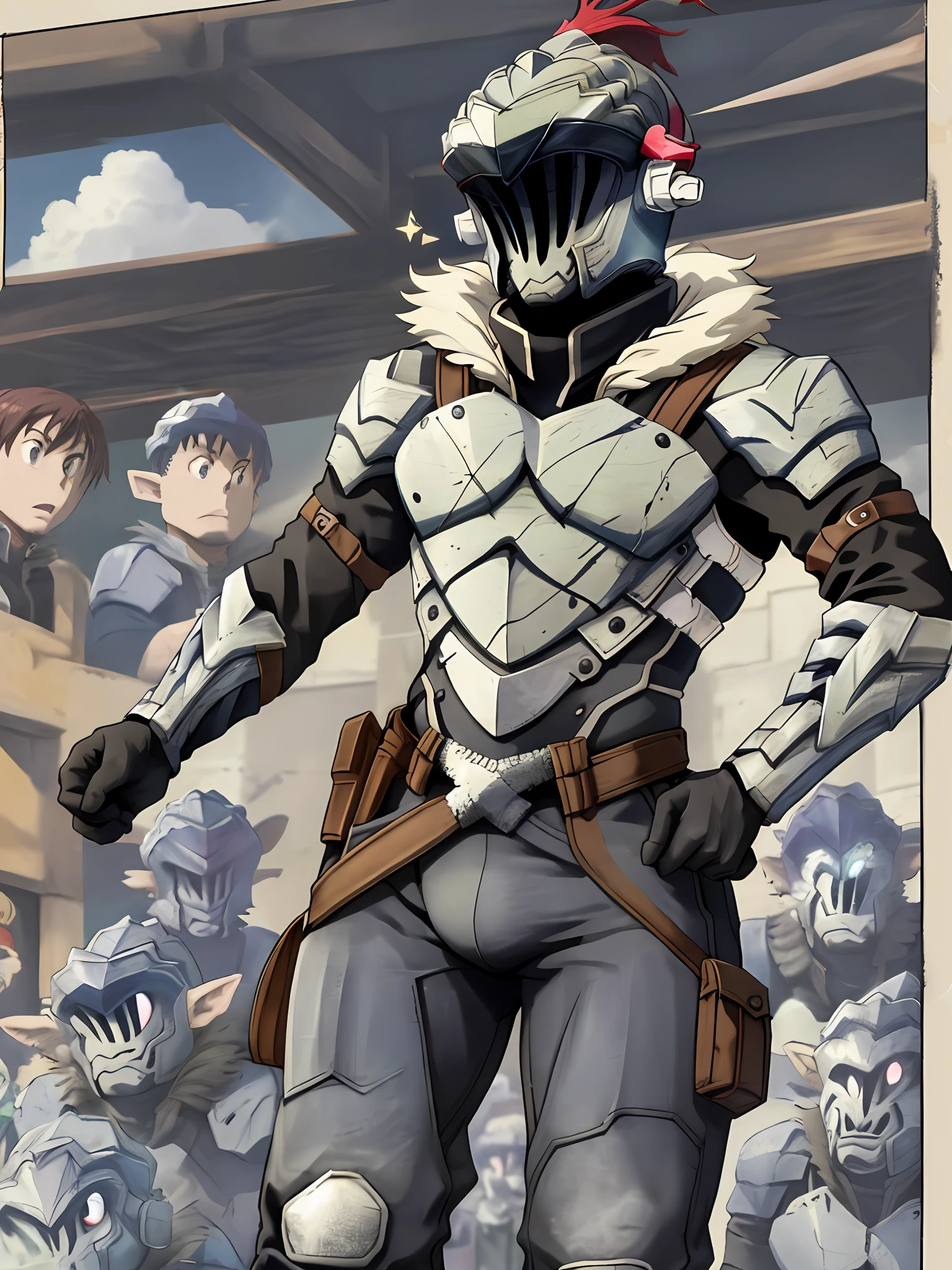 bare torso, helmet, bulging, more bulges, bulging, bulging, protruding, goblin slayer, bulging, bulging tubercle, huge, bulging out of pants, bulging out of pants, bulging out of pants, bulging out of pants, big, very strongly convex.