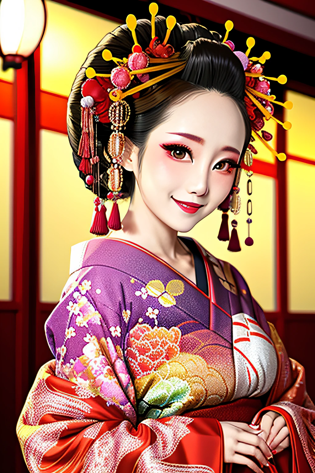 4เค, ผลงานชิ้นเอก, ความสูง, เรื่องไร้สาระ,แสงตามปริมาตรตามธรรมชาติและเงาที่ดีที่สุด, ยิ้ม,ความชัดลึก,soft delicate beautiful attractive ใบหน้า, beautiful ขอบโออิรัน_ผู้หญิง, a ผู้หญิง in a kimono posing for a picture  ,perfect ขอบโออิรัน_ใบหน้า,perfect ขอบโออิรัน_ร่างกาย,ขอบโออิรัน_แต่งหน้า,ขอบโออิรัน_ทรงผม