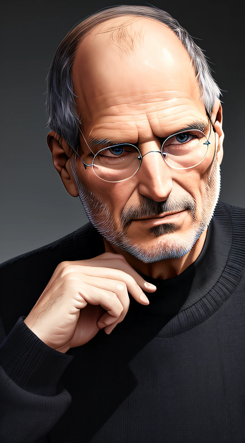 1man, old man, very Steve Jobs, deep set eyes, very thin, black simple turtle knitwear, confident, convincing, serious, portrait, front look, 4k, high-res, best quality, illustration --auto