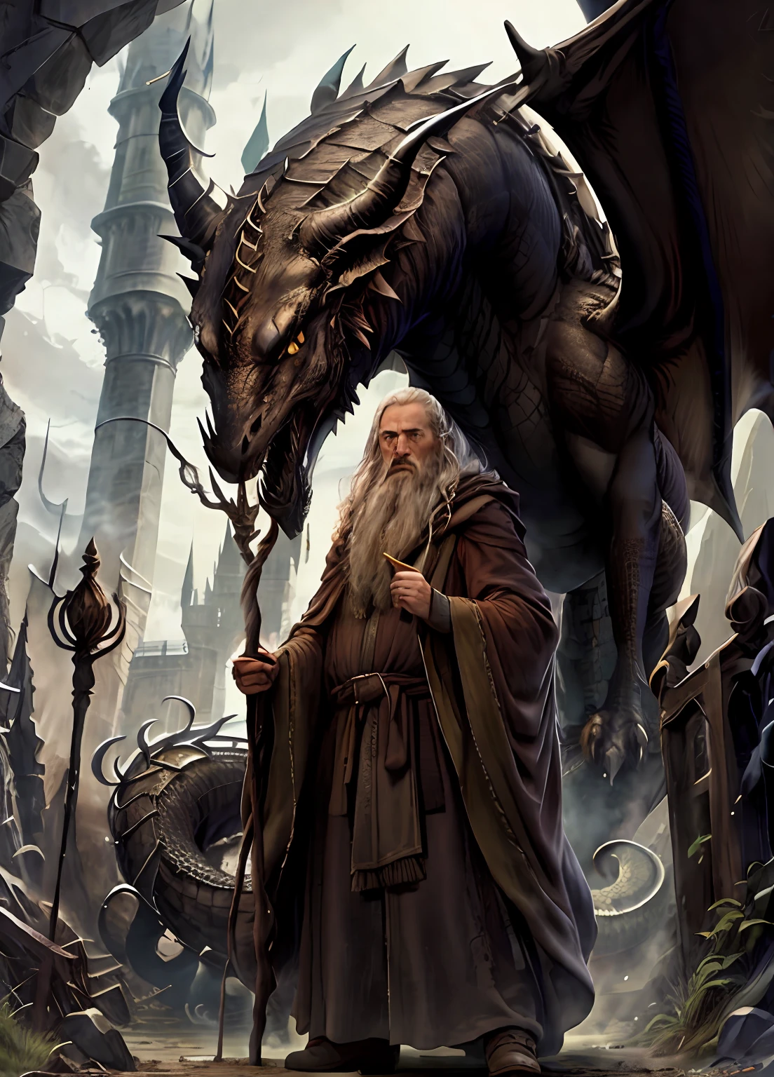 Ein alter Zauberer in brauner Robe, seinen Stab schwingend, steht einem wilden Drachen gegenüber vor einem majestätischen Schloss.