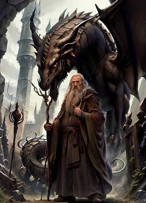 An ancient wizard in brown robes, brandishing his staff, stands in defiance against a fierce dragon in front of a majestic castl...