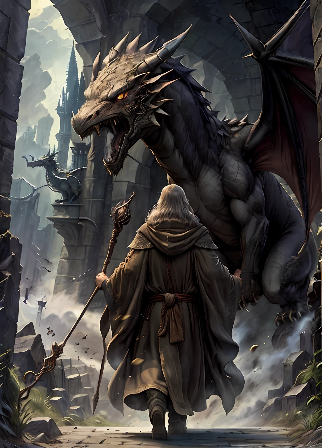 Um antigo mago em vestes marrons, brandindo seu cajado, enfrenta um dragão feroz em frente a um castelo majestoso.