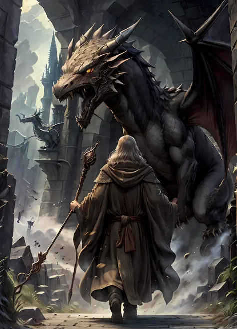 An ancient wizard in brown robes, brandishing his staff, faces a fierce dragon in front of a majestic castle.