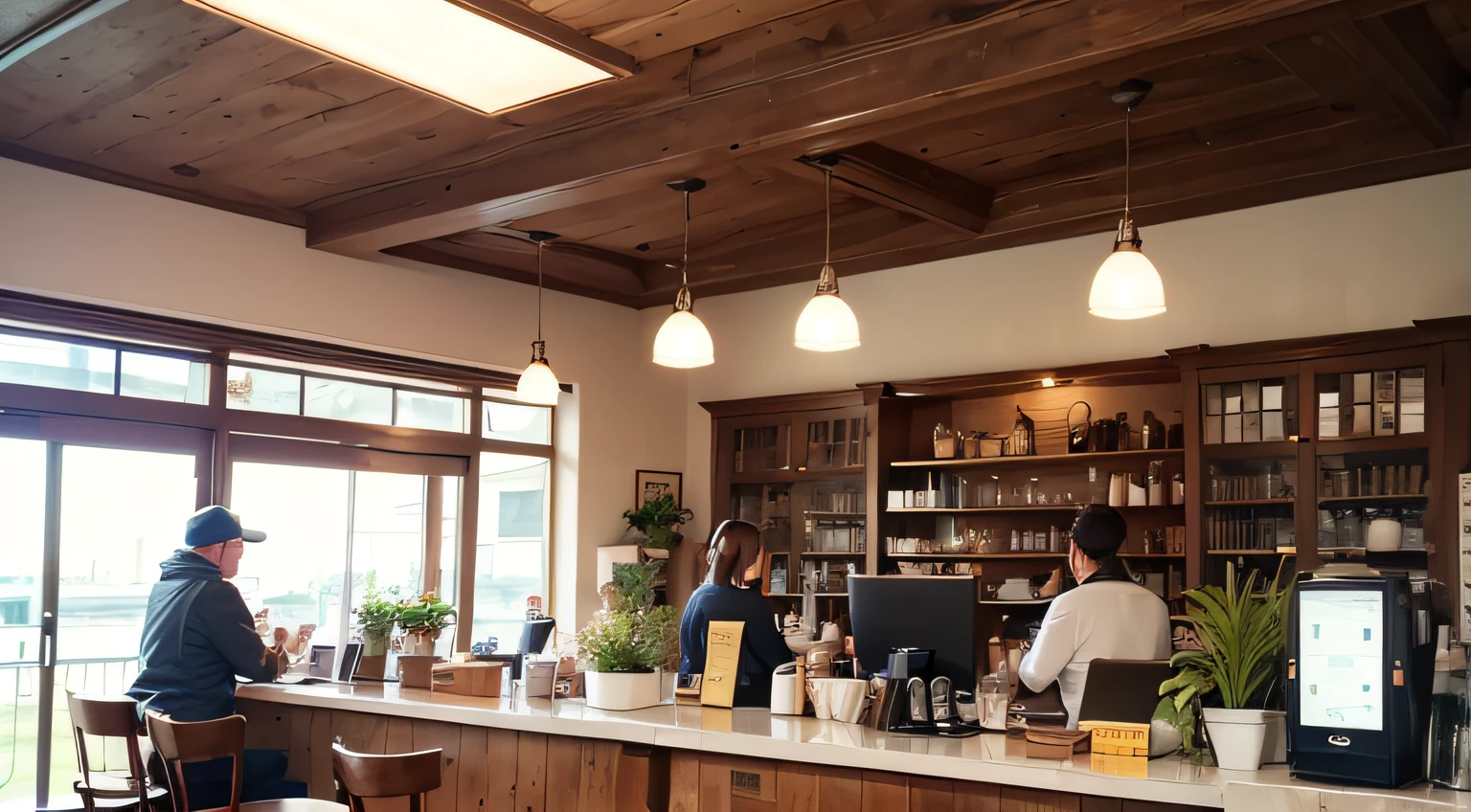 Cafe Bookcase Bright light Perspective looking forward from the counter Simple style Anime background Cafe interior decoration Simple style Coffee machine Tea set Tableware Warm light Guest drinking coffee Perspective on the cash register More tables and chairs on the simple style People sitting at tables and chairs drinking coffee Green plants Cafe counter cash register perspective