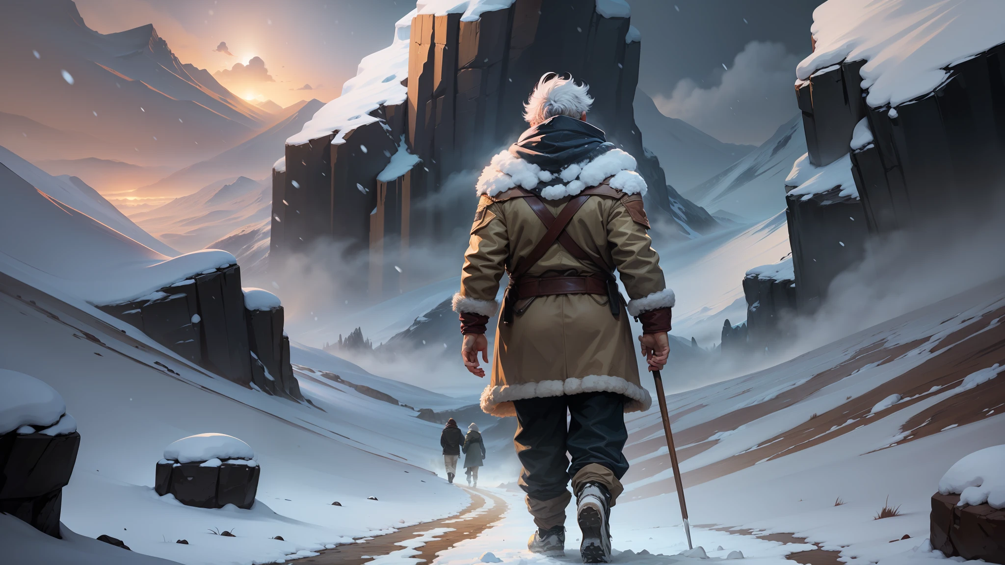((1man)) رجل عجوز عضلي يمشي في عاصفة ثلجية, عرض خلفي, ثلج, العصر الجليدى, رياح, شَبُّورَة, التلال الصخرية, com.mwvector