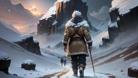 ((1man)) a muscular old man walking in a blizzard, back view, snow, ice age, wind, mist, rock hills, mwvector