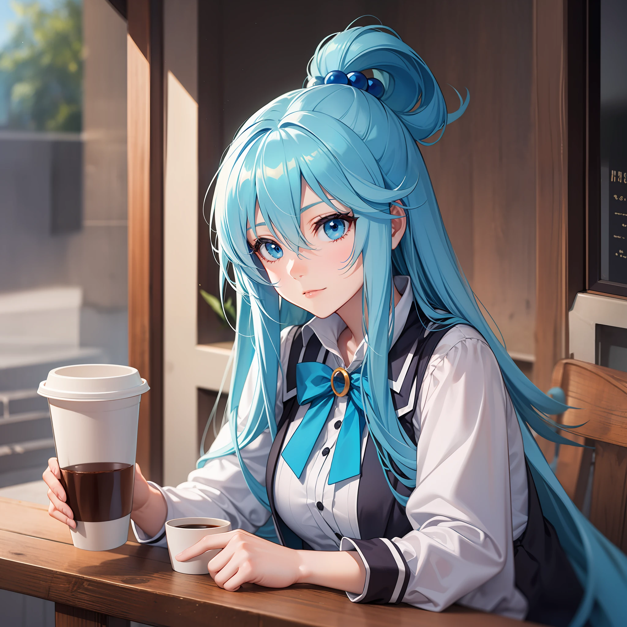 aqua_Konosuba, cheveux longs, cheveux bleu clair, yeux bleus, tenant une tasse de café