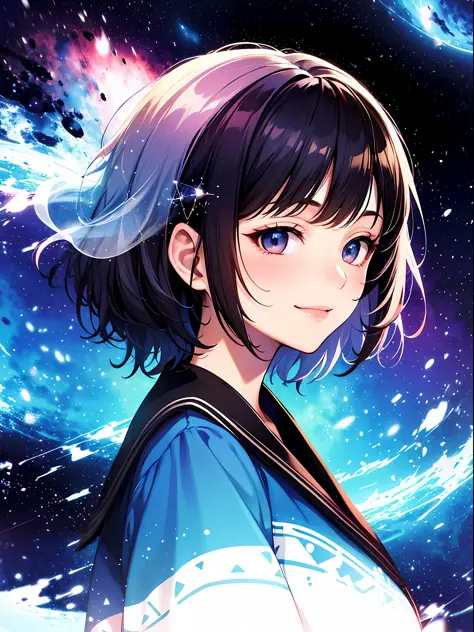 girl, cloud, colorful, cool, masterpiece, sit, from side, (sideways), smile, starry, stars