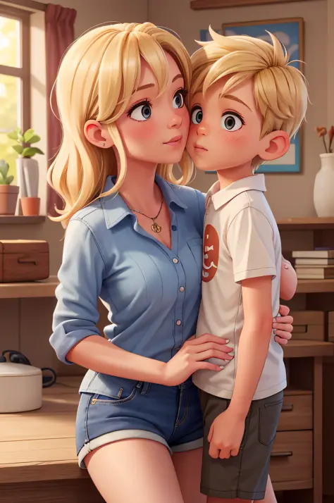 "mom kissing her little young boy on the lips", blonde hair, mom is seen wearing a skirt, little boy is seen wearing shorts, masterpiece, realistic, high resolution, high quality, highest quality, best quality, ultra detailed, extremely detailed,