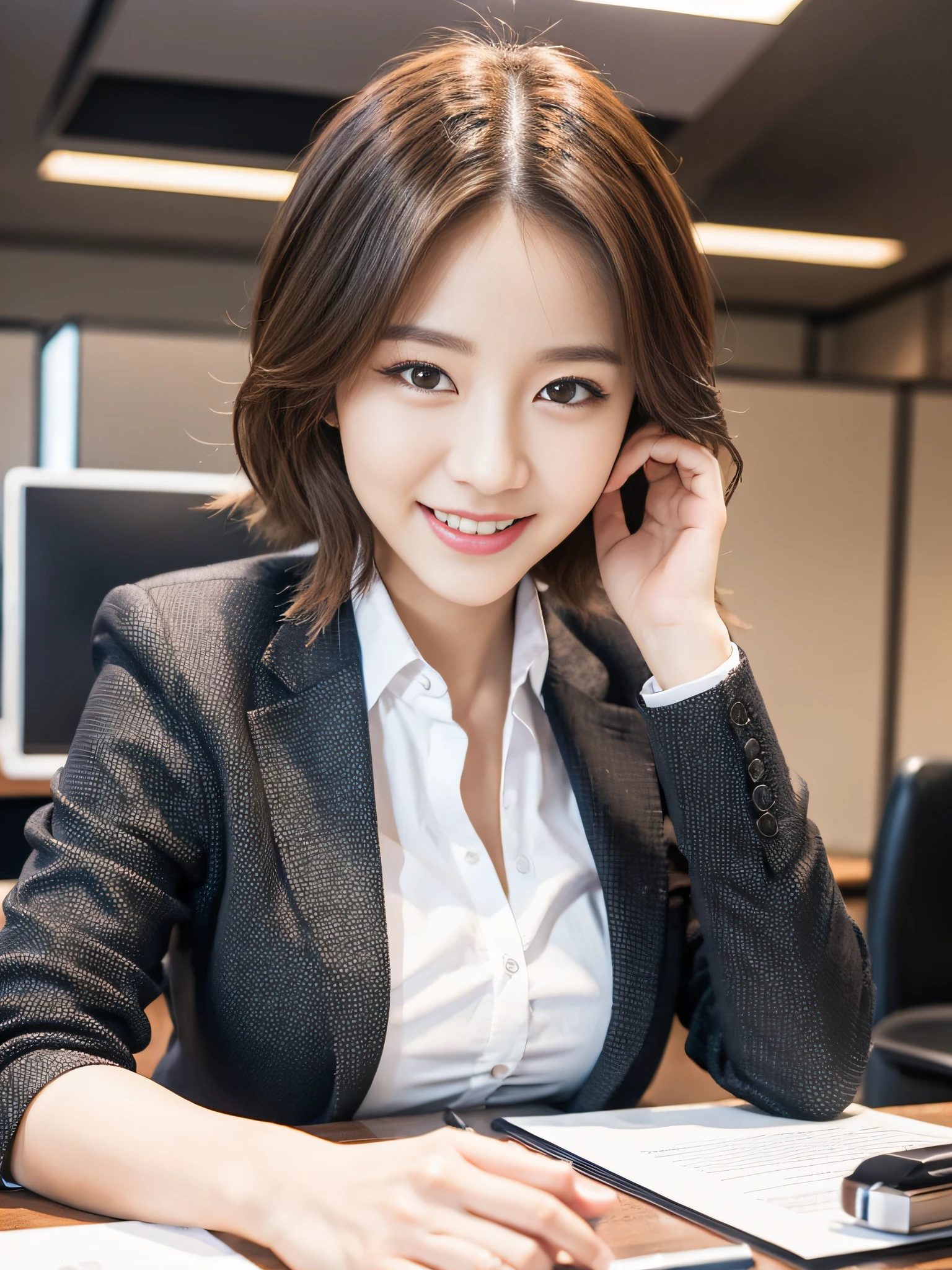 Working at Desk, High Quality, Ultra Realistic, Short Cut, Office Lady, Smart Formal, Makeup, Smile, Beautiful Eyes, Beautiful and Accurate Face, Beautiful Hands, Office Background