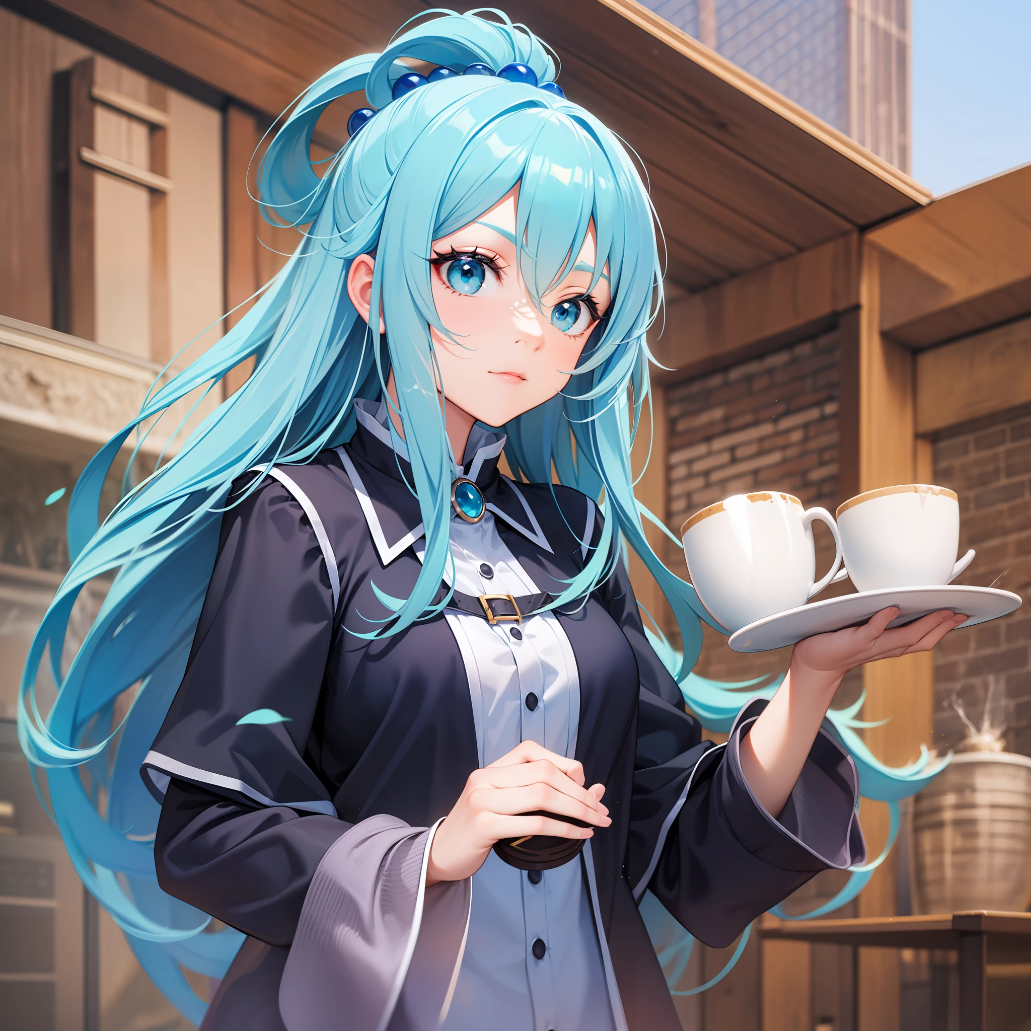 agua_konosuba, pelo largo, pelo azul claro, blue eyes, Sosteniendo una taza de café