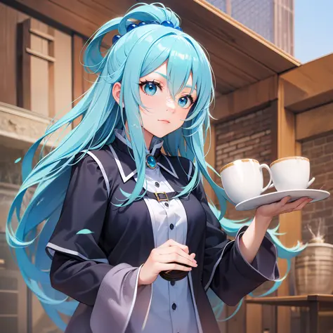 Aqua_konosuba, long hair, light blue hair, blue eyes, Holding a cup of coffee
