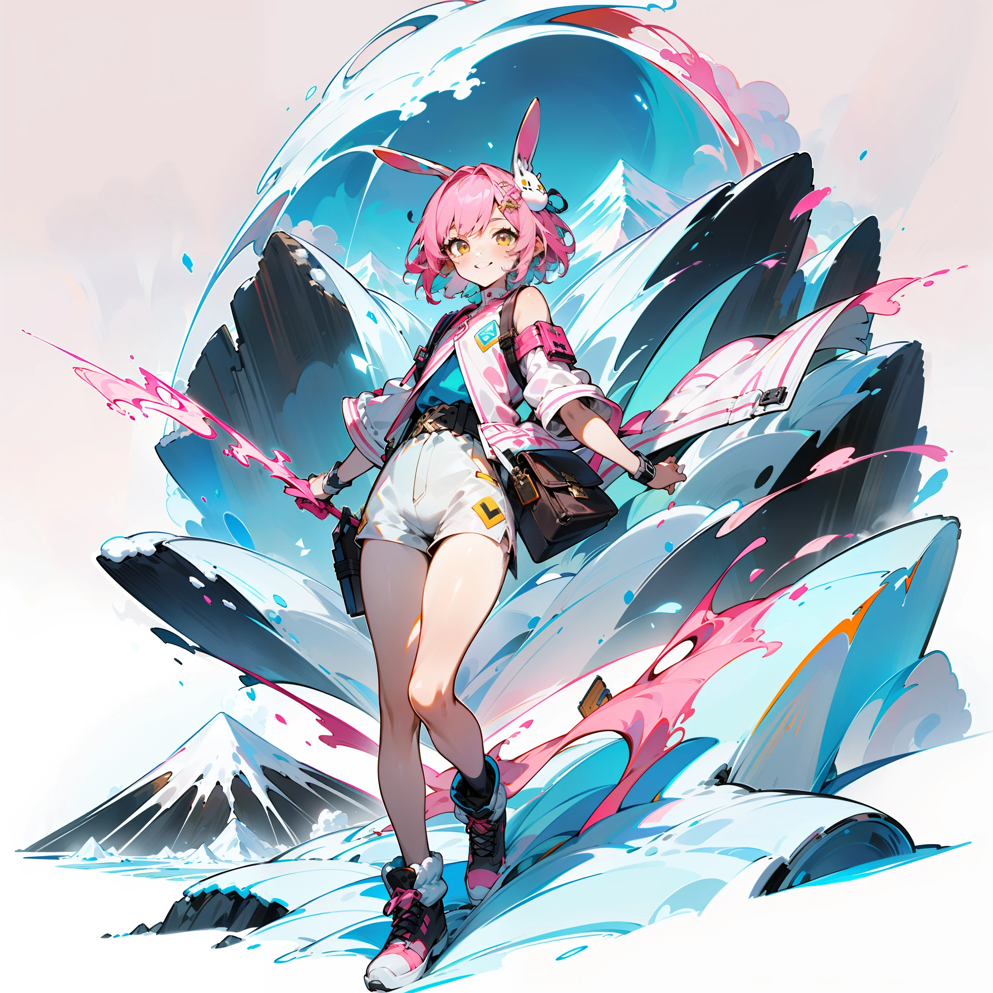 (best quality), {masterpiece}, {very detailed}, {super detailed}, {high resolution}, {absurd}, 1 girl, solo, anime, full body shooting, (pink and white long swing punk jacket, short black hot pants, pink sneakers), (short pink hair yellow eyes), ((white simple background)), (standing painting style), , standing, lively bouncing, (dynamic) (fine beautiful face and eyes), energetic smile, cowboy shot, ((full body)), ((bunny hair ornament)), volumetric lighting, (short girly), (large snowy mountain background), clouds piling up the sky, sunrise, (shoulder bag)