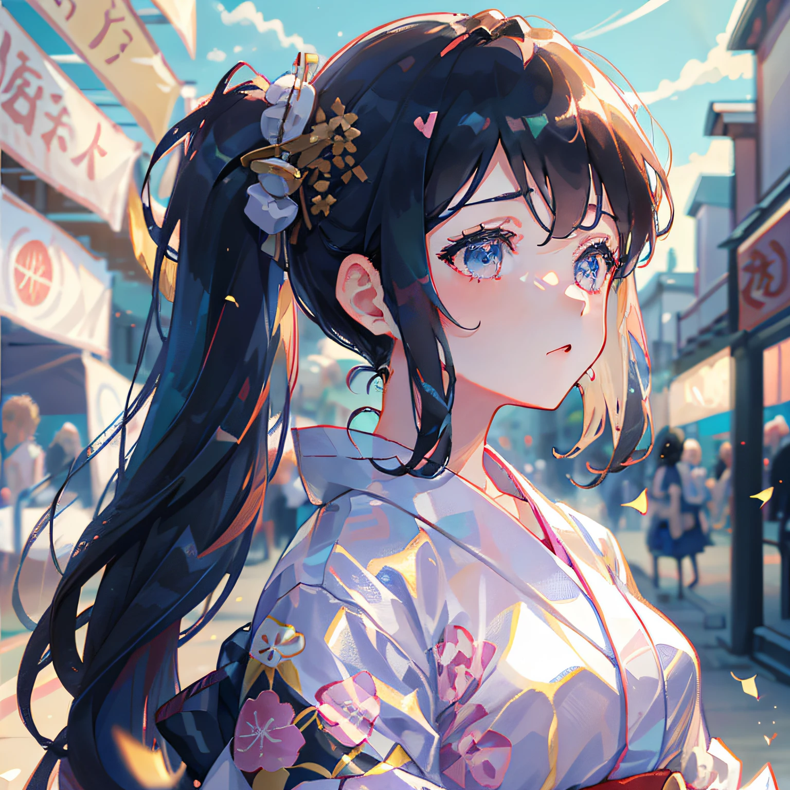 Depict the festival and summer sky, twin tails, shiny black haired woman, gorgeous yukata and beautiful and elegant Japan woman on the background. Watch your audience. Heart in the eye. 1 girl. Hairstyle random, facial expression random. Beautiful anime art wallpaper 8k, blur background