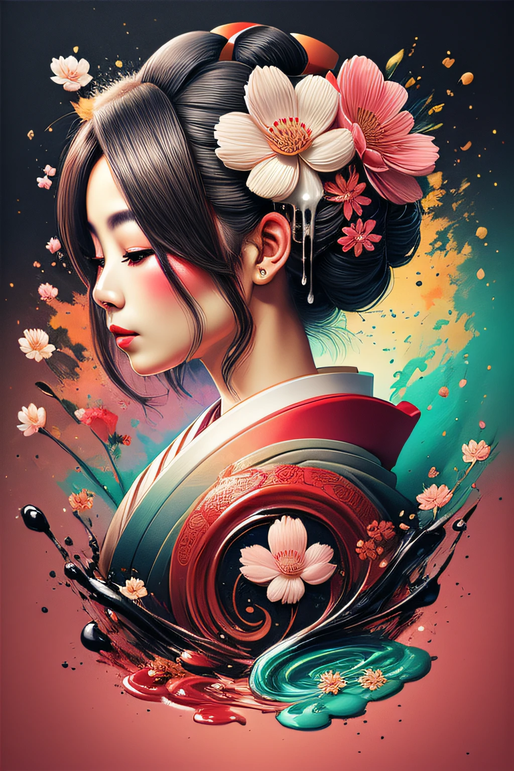 arte de la mancha,colores pasteles(1geisha)gotea,derretir,fondo de flores