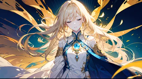 A little girl, beautiful, otherworldly, elegant, full body, long blonde hair, simple dress, white and blue long dress, closed eyes, extreme details, magic, golden streamers surrounding, angel coming, magic array, heavenly god, holy, an angel sword that rad...
