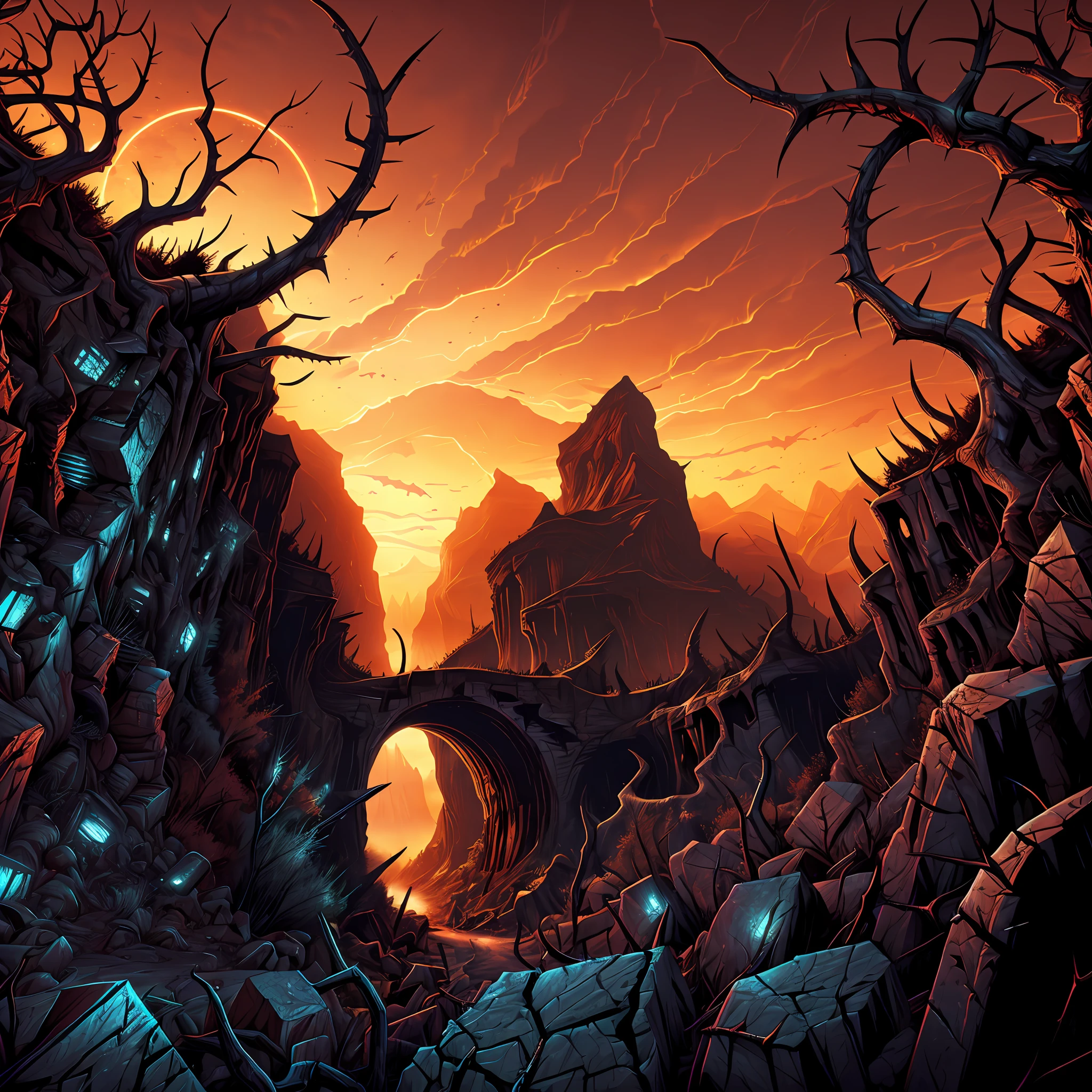 Dark horror landscape; Theme: Ruined canyons full of biomechanics; futuristic horror sites; barbed walls; Madness and frenzy; spikes and thorns; The illusion of the virtual engine.