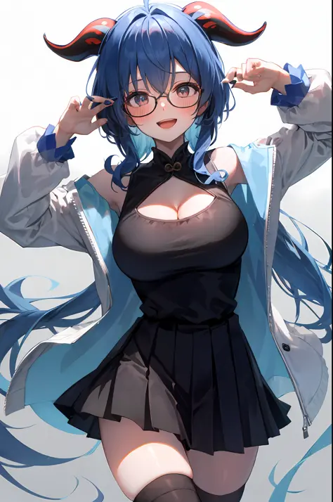 Ganyu, 1girl, solo, hip hop shirt, jacket, cool glasses, oversized t shirt, black thighhighs, breasts, cleavage, simple backgrou...