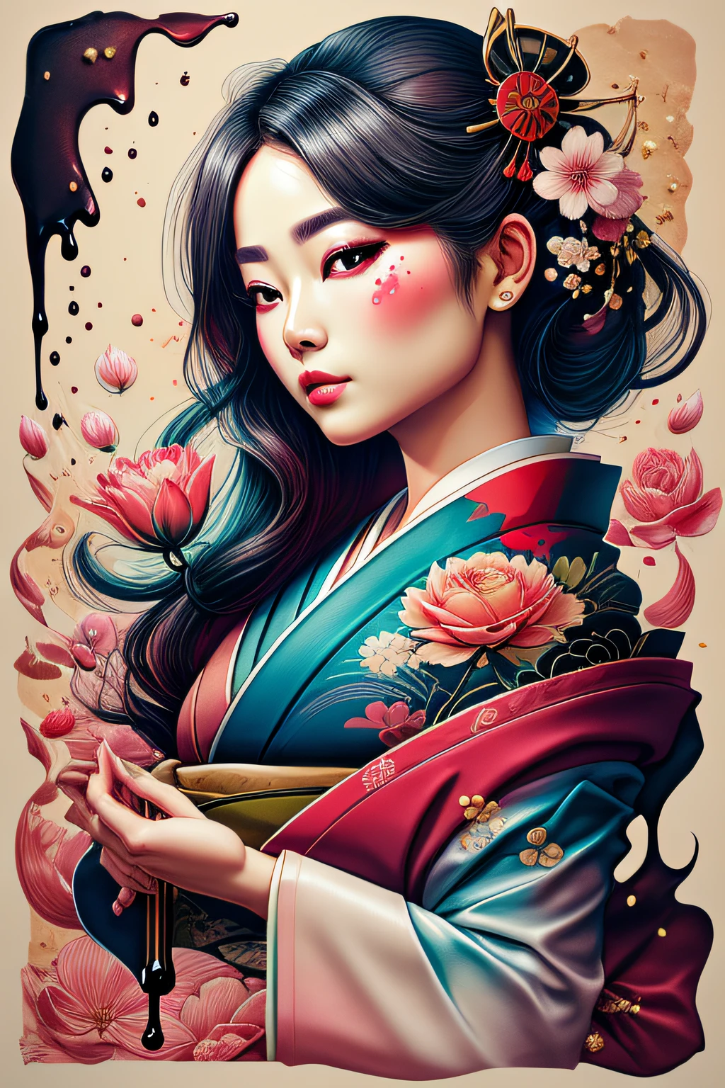 art de tache,couleurs pastel(1geisha)gouttes,Fondre,fond de fleurs