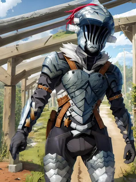 convex, a boner sticking out of his pants sticking out of his pants, hand in his pocket, goblin slayer, helmet, no armor, naked torso, tight belt, naked, strongly protruding, huge radius protruding, more protruding, legs apart, looking at the, choosing in ...
