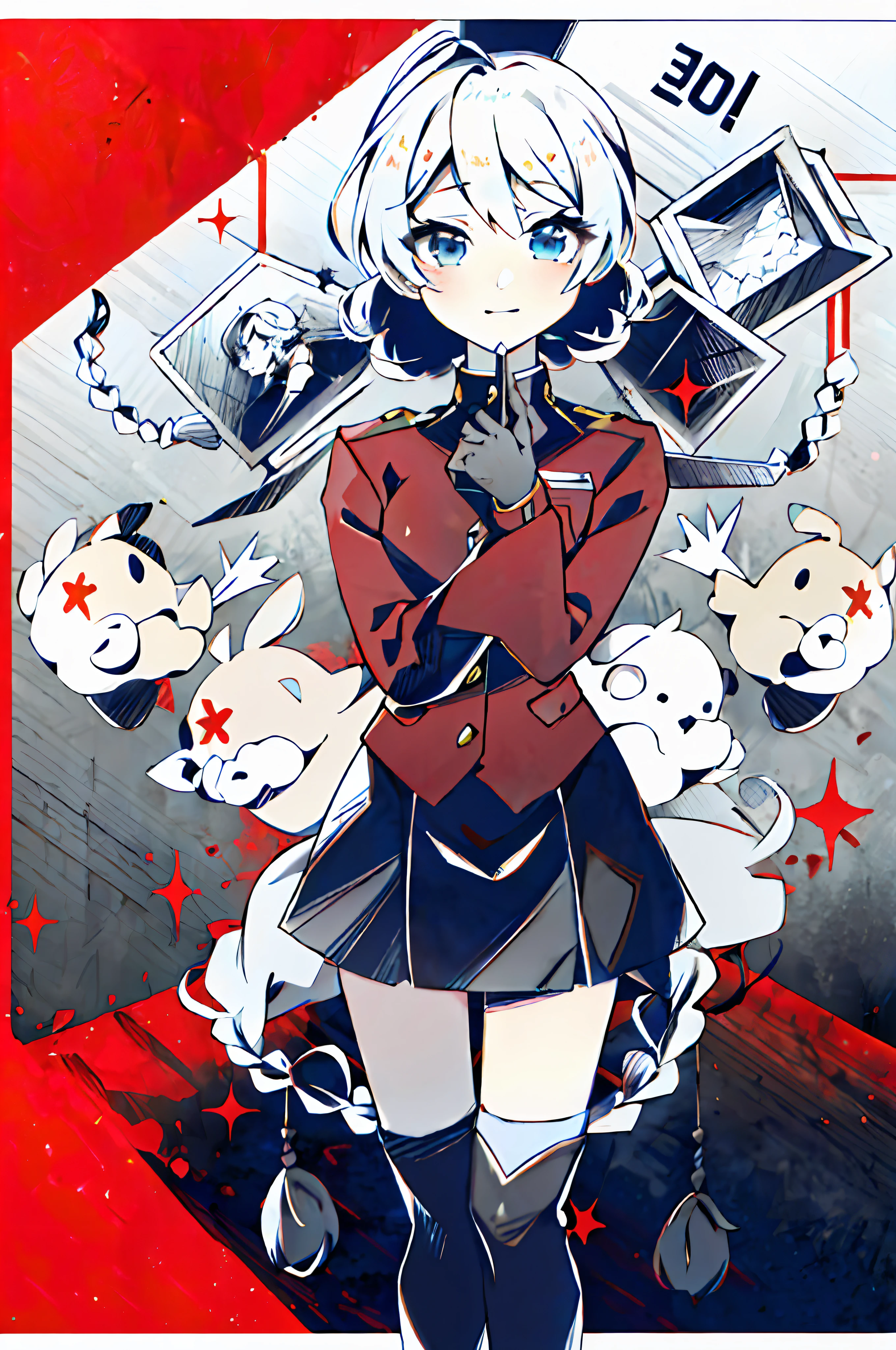 masterpiece, best quality, absurdres, perfect antomy, 1girl, Darjeeling, twin braids, short hair, 腕組, medium breasts, 立っている,looking at viewer, st. gloriana's military uniform, black skirt, uniform, red jacket, monochrome,