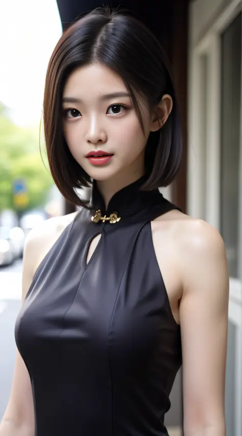 A beautiful girl, exquisite facial features, exquisite face, black Hong Kong style short hair, exquisite hairstyle, beautiful an...