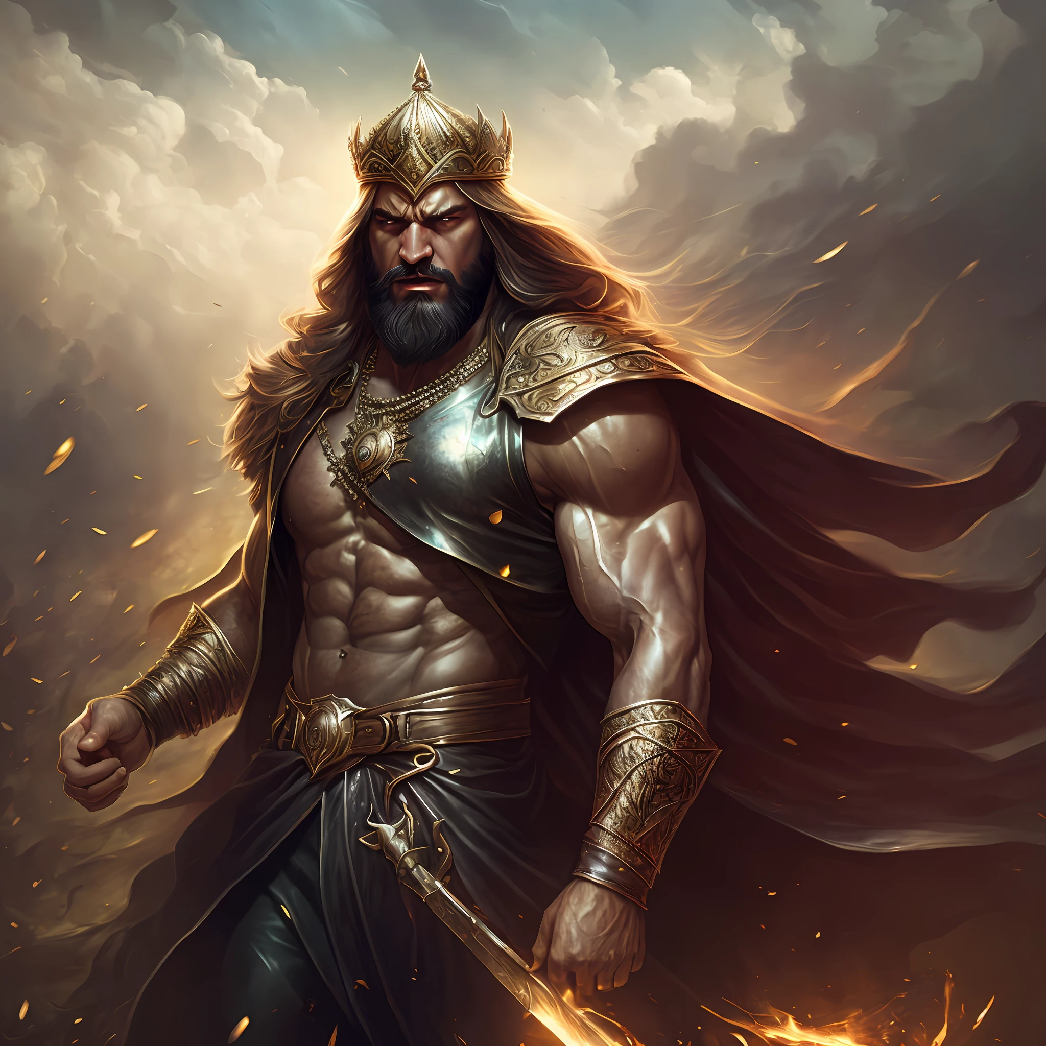 A man like Persian king Darius the Great, larga barba negra como los soldados persas aqueménidas, CUERPO MUSCULAR, pelo largo y negro, dos grandes alas negras, cetro de hierro en la mano, enojado y enojado, como Dios, like Persian king Darius, su cara como de super villano , el clima es tormentoso y lluvioso, el mira al cielo, alta calidadoPrueba una foto de la obra de arte más bella del mundo que presenta a un héroe masculino suave y brillante, ((fantasía heroica épica, hombres musculosos, cerveza negra, Héroe herido, mirada enojada con cabello largo y barba larga y apariencia feroz en una postura dinámica, fantástica ubicación, majestuoso entorno desordenado)), Representación de unidad 8K de cuerpo completo, foto de acción, poros de la piel, iluminación muy oscura, sombras pesadas, cara detallada y detallada, (vibrante, Realista photo, Realista, dramático, dark, enfoque nítido, 8K), (Ropa de cuero vieja y desgastada dañada por el clima: 1.4), (Intrincado: 1.4), Decadente, (muy detallado: 1.4), pintura digital, renderizado de octanaje, estación de arte, Arte conceptual, Liso, enfoque nítido, ilustración, arte por artgerm, (loico: 0.23), Wlop Iliá Kuvshinov, and Greg Rutkowski and Alphonse Mucha Gracias, (iluminación global, Luz de estudio, Luz volumétrica), Lluvia Pesada, partículas flotantes --auto