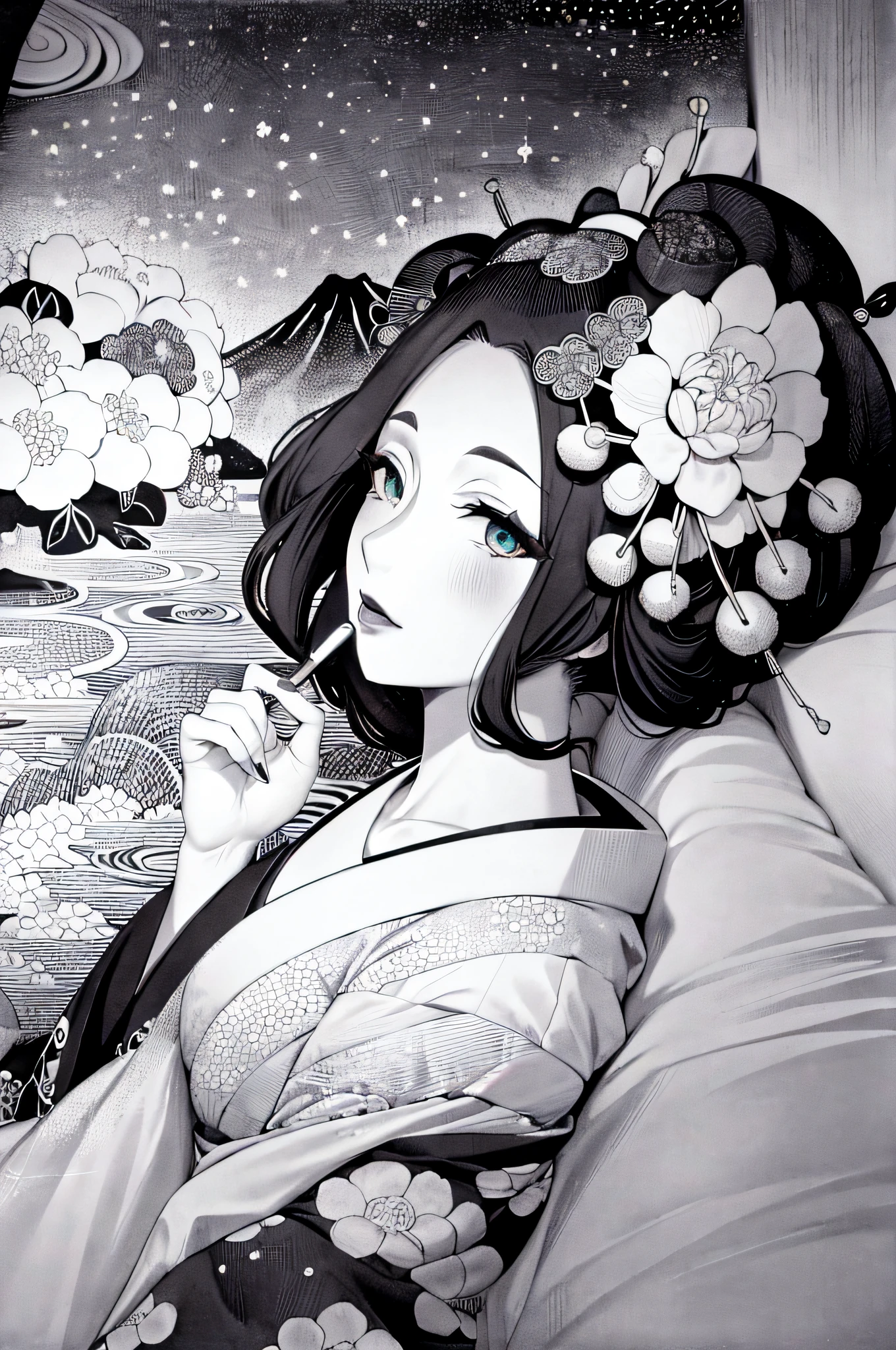 (Masterpiece, Best Quality:1.3), (thick lineart), (faux traditional media), highres, official art, best illustration, (8k resolution), oiran, 1girl, mature female, solo, japanese clothes, from above, breasts, obi, stylish, intricate, fantastic, fairytale, fantasy art, (detailed face),  lying on a bed of flowers, on back, (lovely eyes, looking at viewer, lipstick), very long hair, voluminous, low ponytail, depth of field, silhouette, perfect, makeup, lovely, (details:1.2), camellia, various colors, vivid, colorful, shiny, sky, stars, lumen global illumination, (background in the style of Hokusai Katsushika:1.3), water, ripples