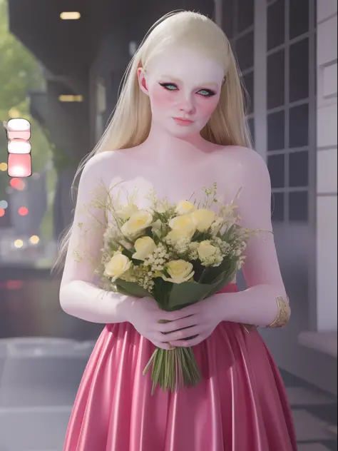 blonde pretty woman , 8k , realistic , pink dress , hold flowers bouquet