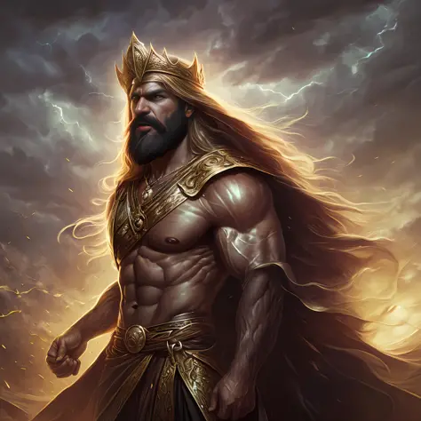 A man like Persian king Darius the Great, long black beard like Achaemenid Persian soldiers, very muscular body, long black hair...