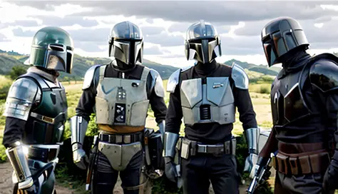 three men in star wars costumes and iron men are in a desert area, from the mandalorian (2019), mandalorian armor, the mandalori...