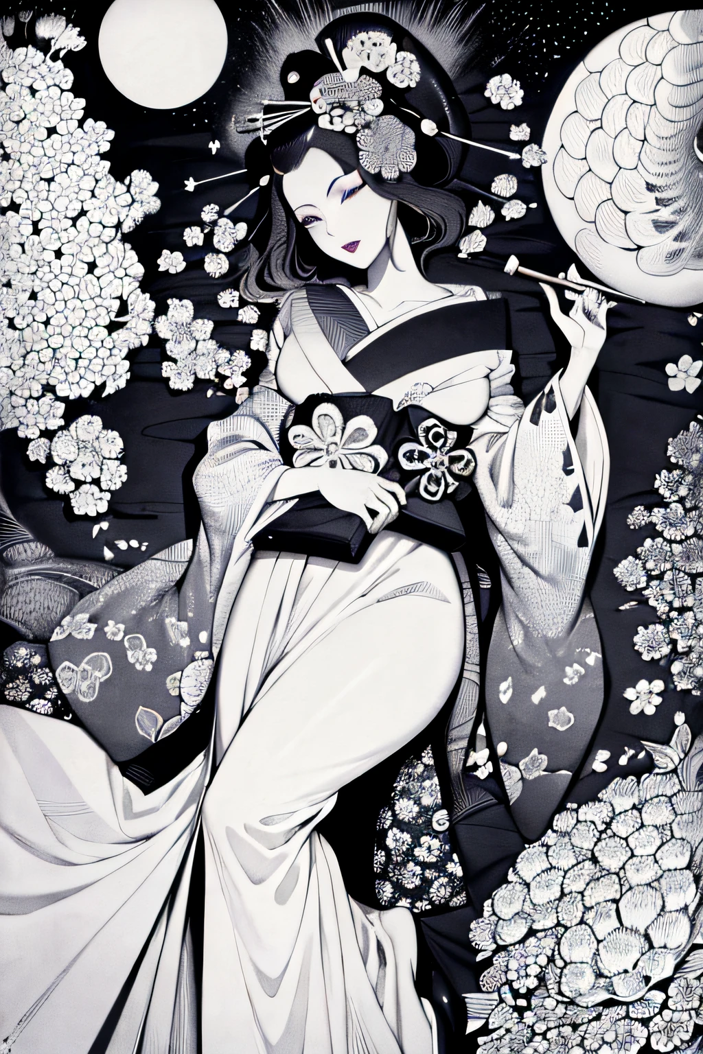 (Masterpiece, Best Quality:1.3), (thick lineart), (faux traditional media), highres, official art, best illustration, (8k resolution), oiran, 1girl, mature female, solo, japanese clothes, from above, breasts, obi, stylish, intricate, fantastic, fairytale, fantasy art, (detailed face),  lying on a bed of flowers, on back, (lovely eyes, looking at viewer, lipstick), very long hair, voluminous, low ponytail, depth of field, silhouette, perfect, makeup, lovely, (details:1.2), camellia, various colors, vivid, colorful, shiny, sky, stars, lumen global illumination, (background in the style of Hokusai Katsushika:1.3), water, ripples