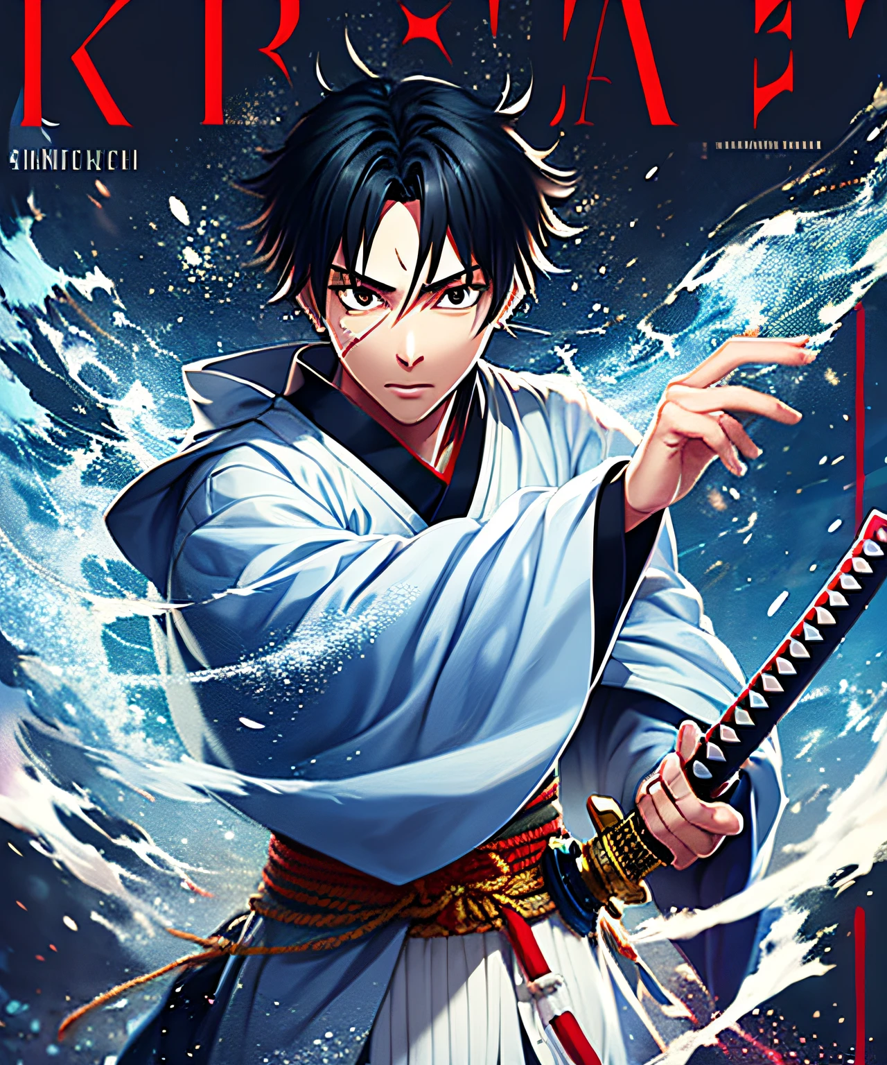 cover, ichigo kurosaki samurai wearing white kimono, holding katana, dramatic pose, digital painting, best quality, blue white color scheme, black hair, scar on face, background with rays