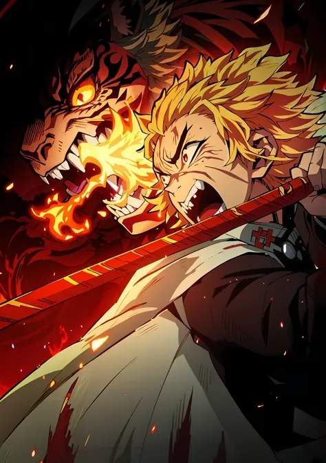 rengoku kyojuro, demon slayer artstyle, badass anime 8 k, kimetsu no yaiba, anime key art, demon slayer rui fanart, demon slayer...