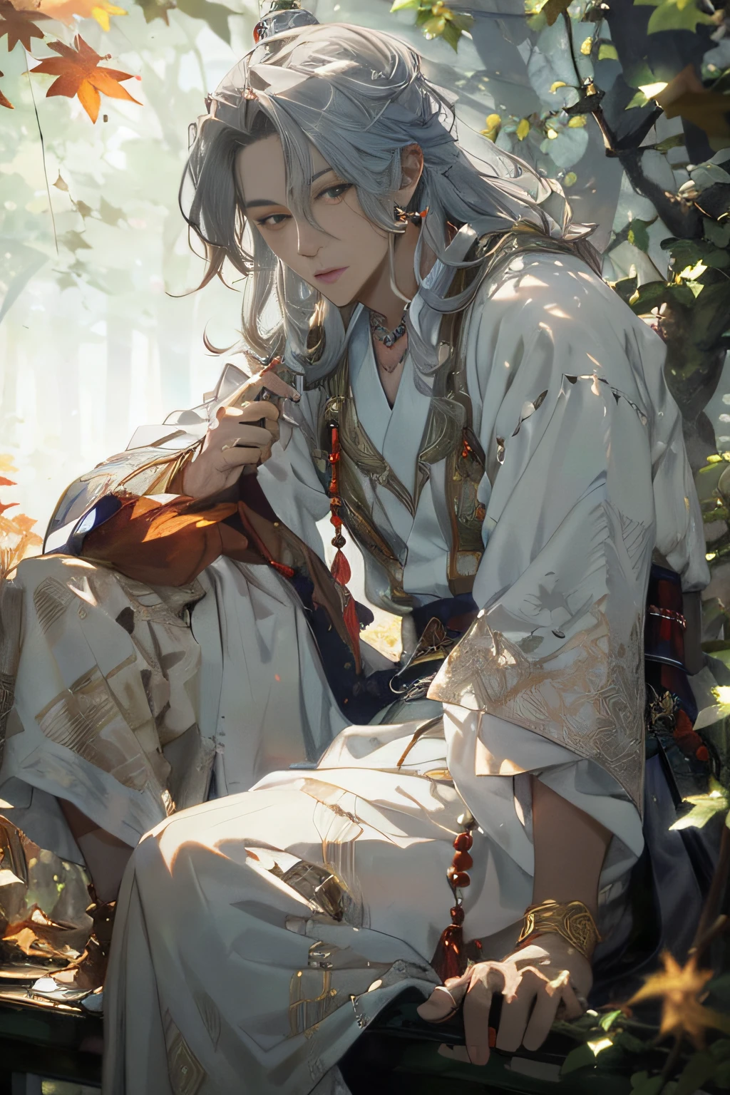 Realistic, (masterpiece, top quality, best quality, official art), very detailed, colorful, most detailed, gods, silver long hair, handsome man, white hanfu, Buddha bead necklace, movie lights, red maple forest, maple leaf falling, magic, (clean skin)