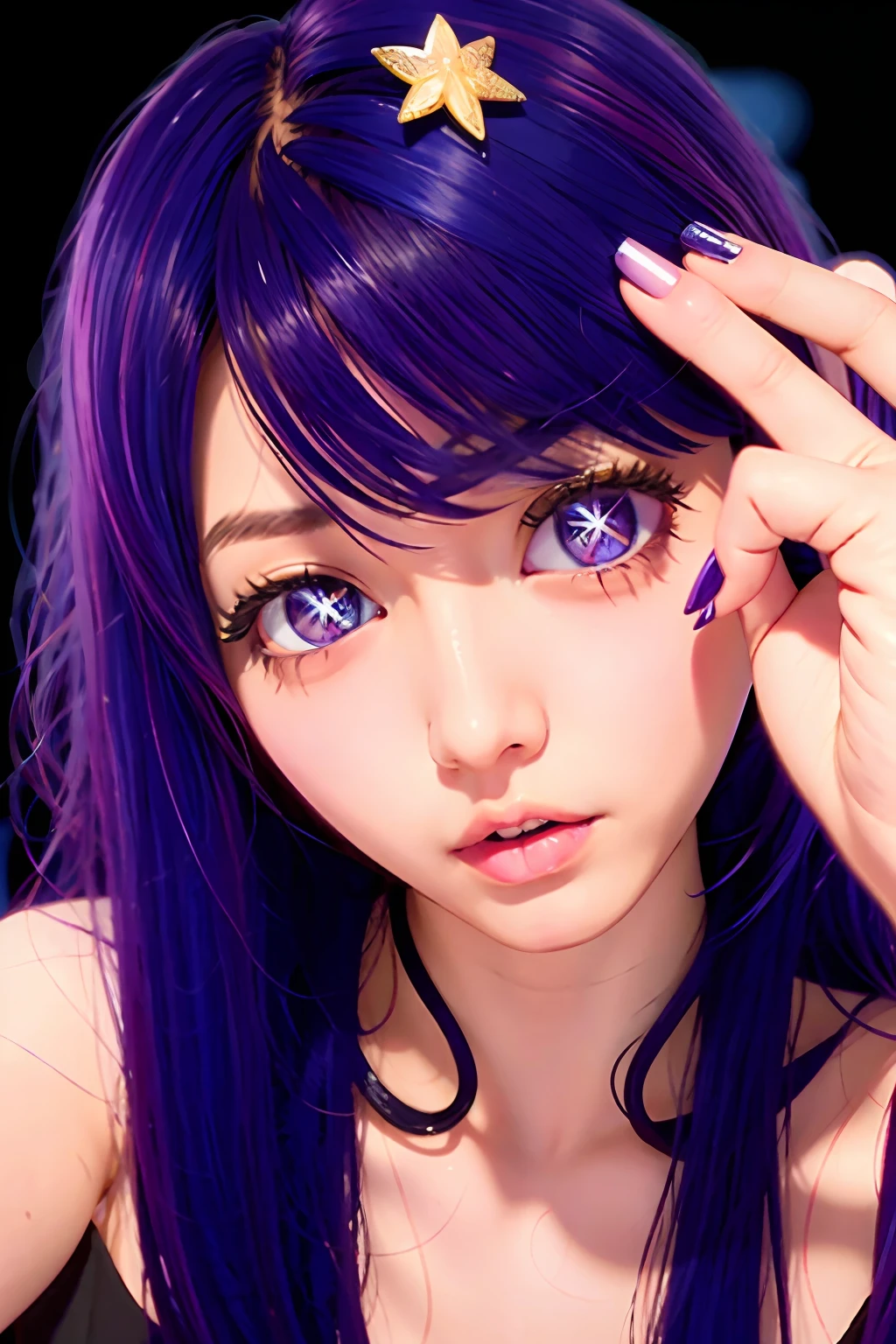 Hoshino Ai, cabelo longo, Cabelo roxo, cabelo com mechas ,olhos roxos, pupilas em forma de estrela, hair ornament, vestindo uniforme policial sexy 
Lidar comisso