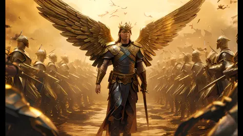 a close up of a person with a sword and wings, archangel, winged human, biblical epic movie, the god emperor of mankind, gold wings on head, in screenshot from the 300 movie, angelic golden armor, nephilim, still from a fantasy movie, gold wings, angel in ...