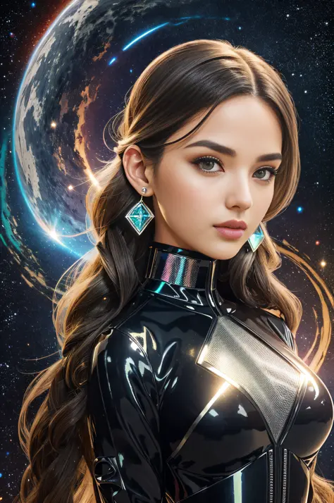 Android-inspired jumpsuit with built-in holographic interface, Madam, Average Height, in shape, Heart-Shaped Face, Olive Skin, White Hair, dark brown Eyes, Long Nose, Thin Lips, Sharp Chin, Long Hair, Wavy Hair, Waterfall Braid, perky breasts, Stud earring...