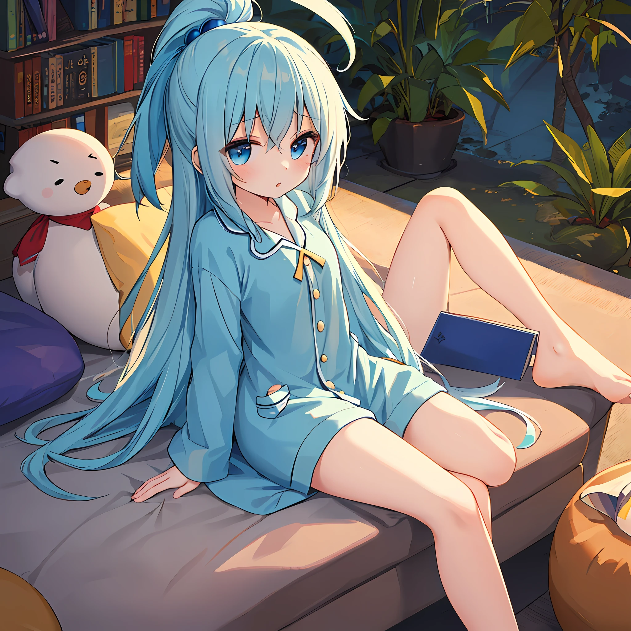 (obra maestra, mejor calidad), beautiful chica, (kawaii:1.1), chica, pajamas, agua_konosuba, pelo largo, pelo azul, sosteniendo un libro, acostada sobre su espalda, con las piernas cruzadas, anatomía perfecta