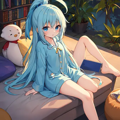 (masterpiece, best quality), beautiful girl, (kawaii:1.1), girl, pajamas, aqua_konosuba, long hair, blue hair, holding a book, l...
