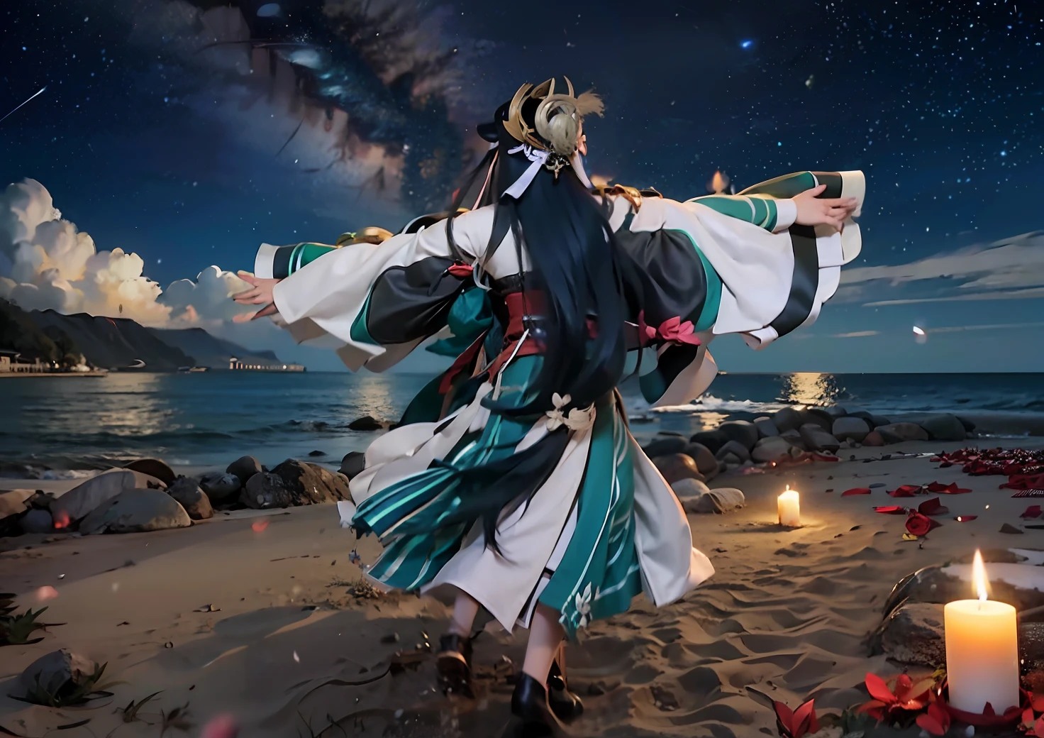 Close up of a person on the beach with candles Onmyoji Genshin