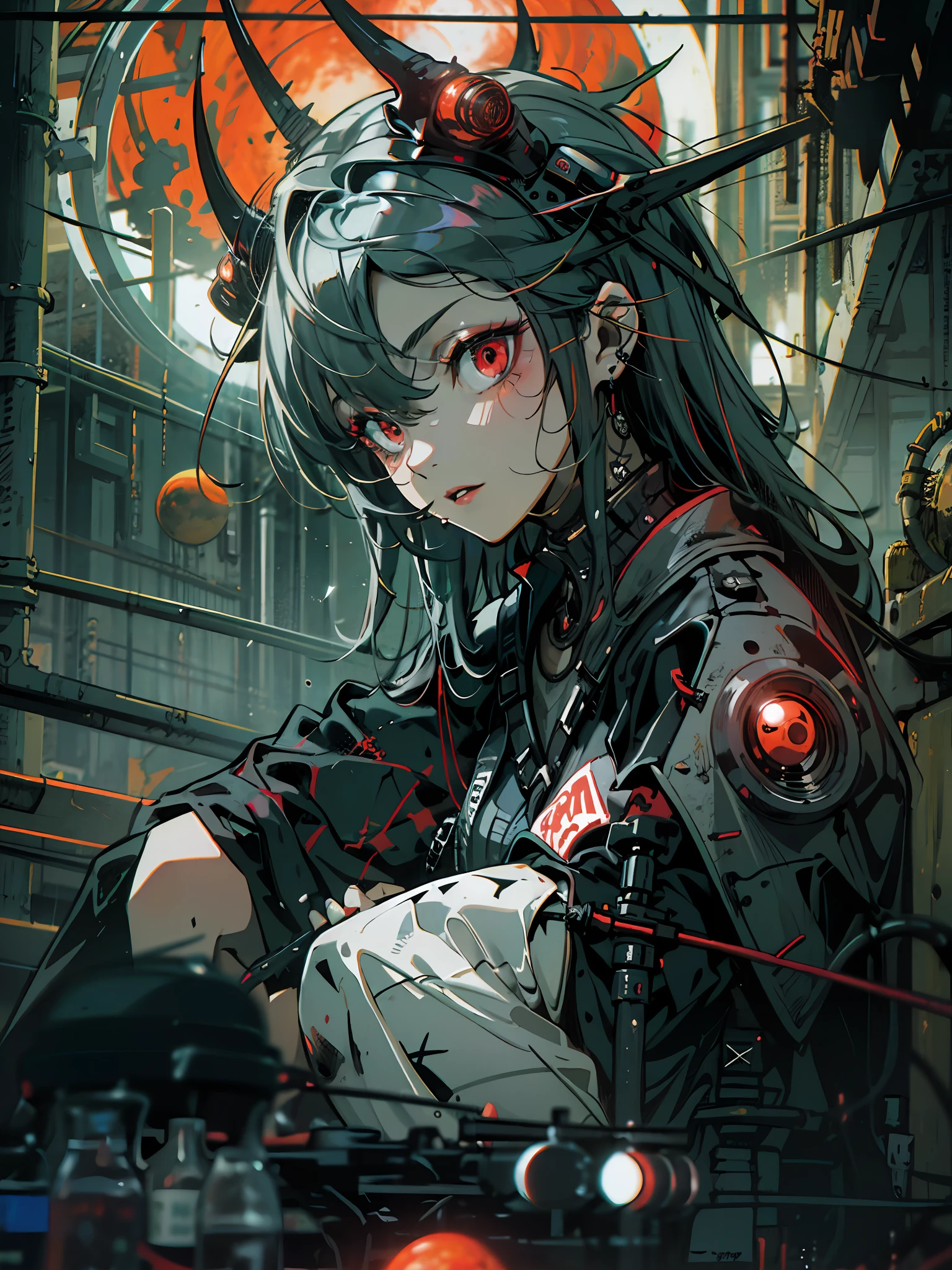 masterpiece, highly detailed, high quality, goth punk girl, red eyes, goat horn, dynamic angle, sitting , huge red moon, pop, cyberpunk, sci-fi, illustration, cinematic lighting,