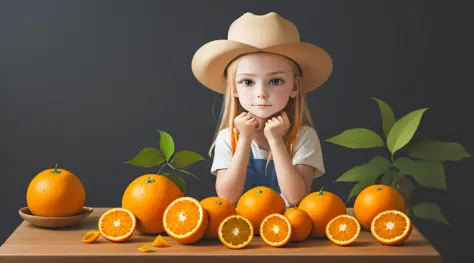 10 year old russian child girl, close up, portrait, with long blonde hair, in a cowboy hat, many oranges with leaves on them on ...