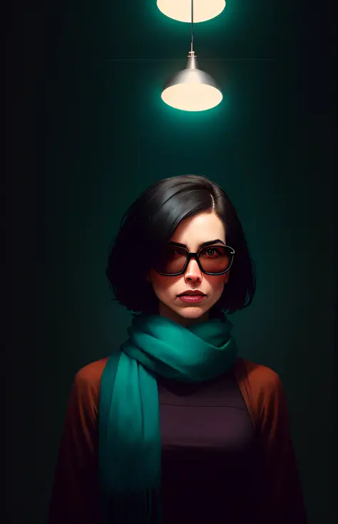 (Dark photo: 1.1), epic realistic, halo portrait, sunglasses, blue eyes, tartan scarf, black hair, very short, short hair, by At...