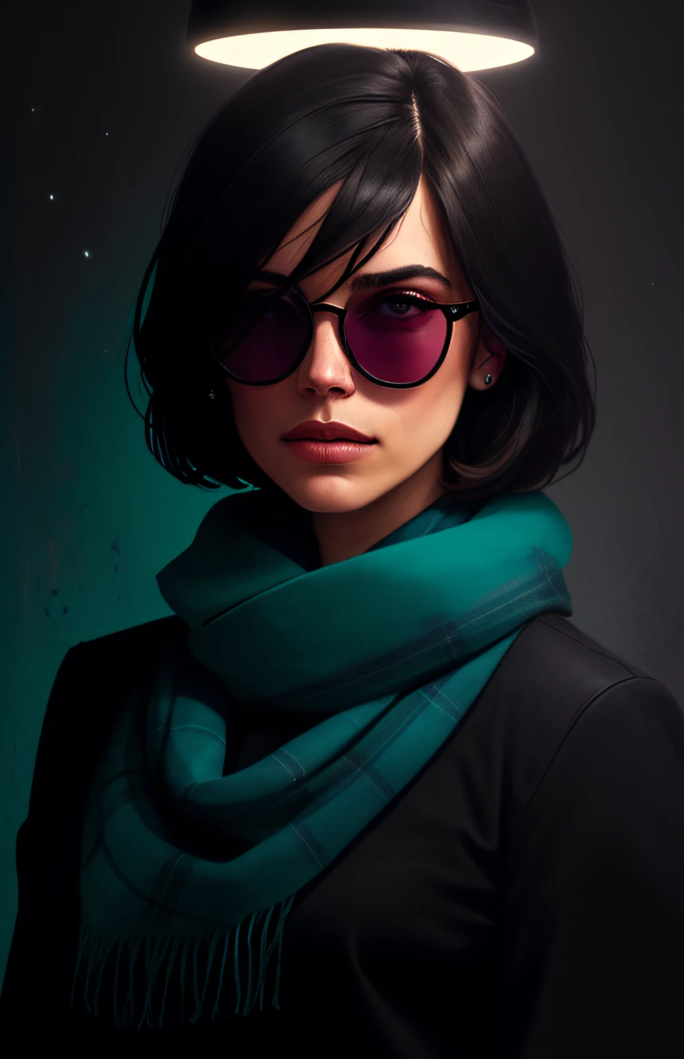 (Dark photo: 1.1), epic realistic, halo portrait, sunglasses, blue eyes, tartan scarf, black hair, very short, short hair, by Atey Ghailan, by Greg Rutkowski, by Greg Tocchini, by James Gilleard, by Joe Fenton, by Kaethe Boucher, gradient yellow, black, brown and magenta color scheme, grunge aesthetic !! graffiti tag wall background, art by greg rutkowski and artgerm, soft cinematic light, adobe lightroom, photolab, hdr, complex, highly detailed, (depth of field: 1.4), faded, (neutral colors: 1.2), (HDR: 1.4), (muted colors: 1.2), hyperdetailed, (artstation: 1.4), kinematics, warm lights, dramatic light, (intricate details: 1.1), complex background, (rutkowski: 0.66), (teal and orange: 0.4)