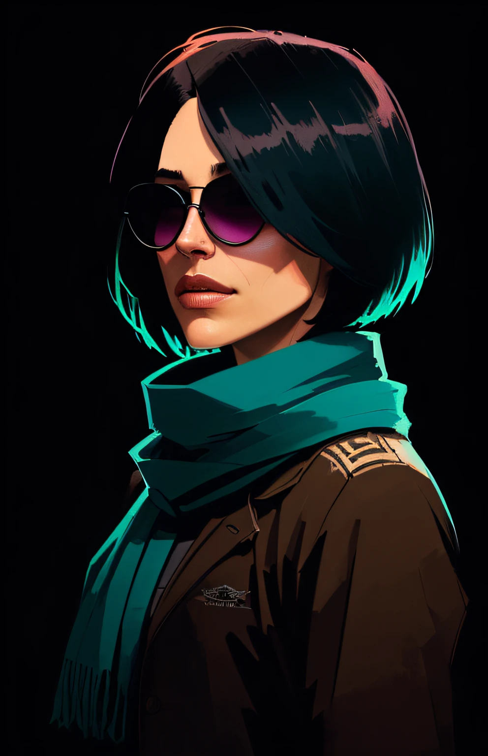 (Dark photo: 1.1), epic realistic, halo portrait, sunglasses, blue eyes, tartan scarf, black hair, very short, short hair, by Atey Ghailan, by Greg Rutkowski, by Greg Tocchini, by James Gilleard, by Joe Fenton, by Kaethe Boucher, gradient yellow, black, brown and magenta color scheme, grunge aesthetic !! graffiti tag wall background, art by greg rutkowski and artgerm, soft cinematic light, adobe lightroom, photolab, hdr, complex, highly detailed, (depth of field: 1.4), faded, (neutral colors: 1.2), (HDR: 1.4), (muted colors: 1.2), hyperdetailed, (artstation: 1.4), kinematics, warm lights, dramatic light, (intricate details: 1.1), complex background, (rutkowski: 0.66), (teal and orange: 0.4)