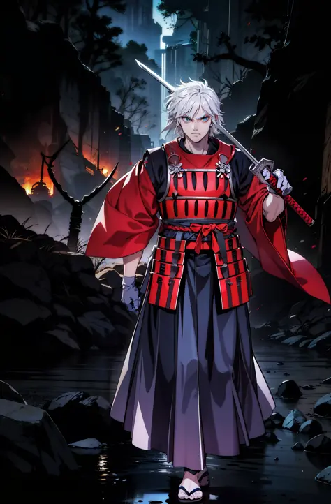 Boy,white hair,Samurai,knight,4k,black armor,steel gloves