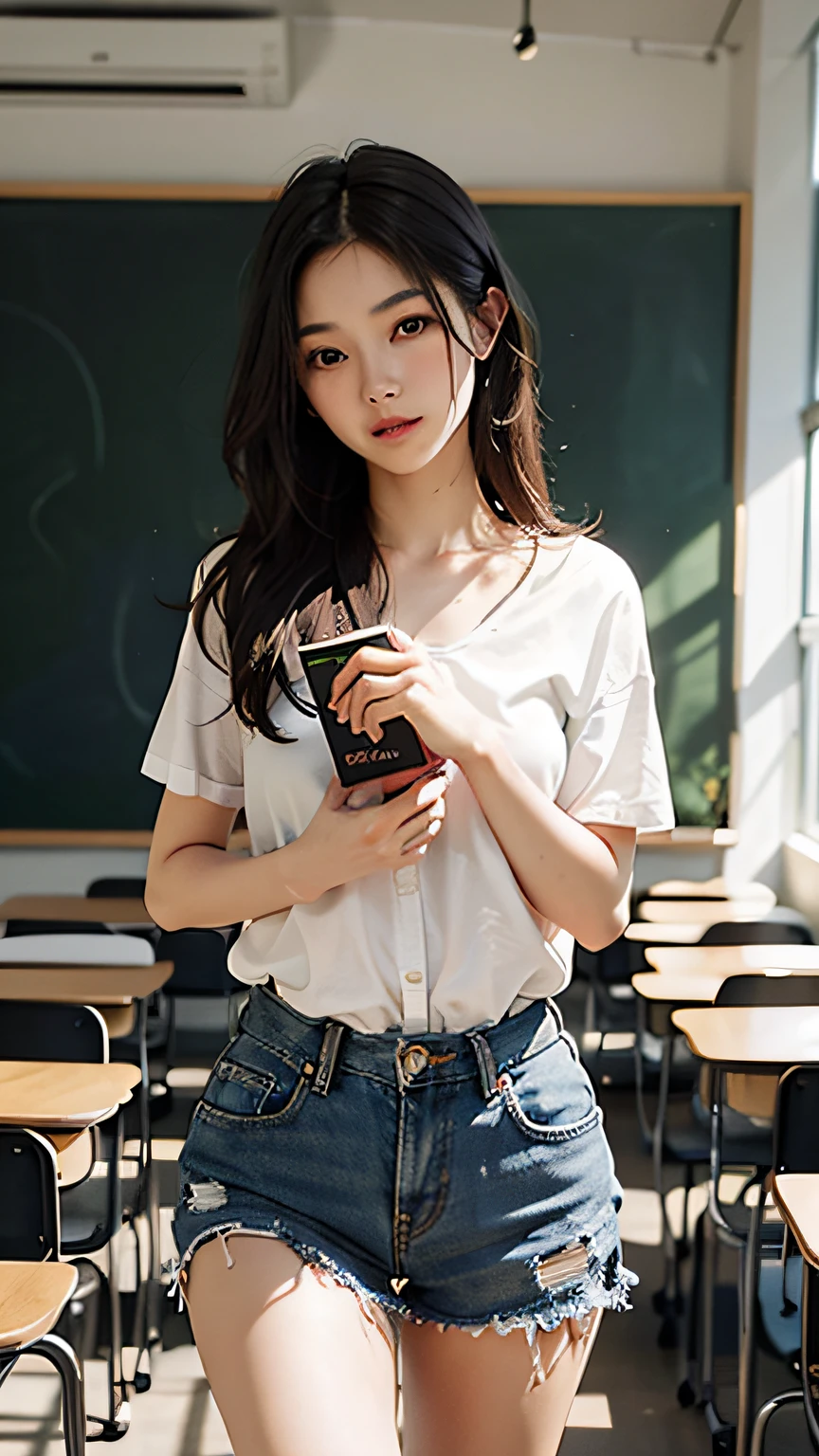 Beautiful woman, holding a book in the classroom, short clothes